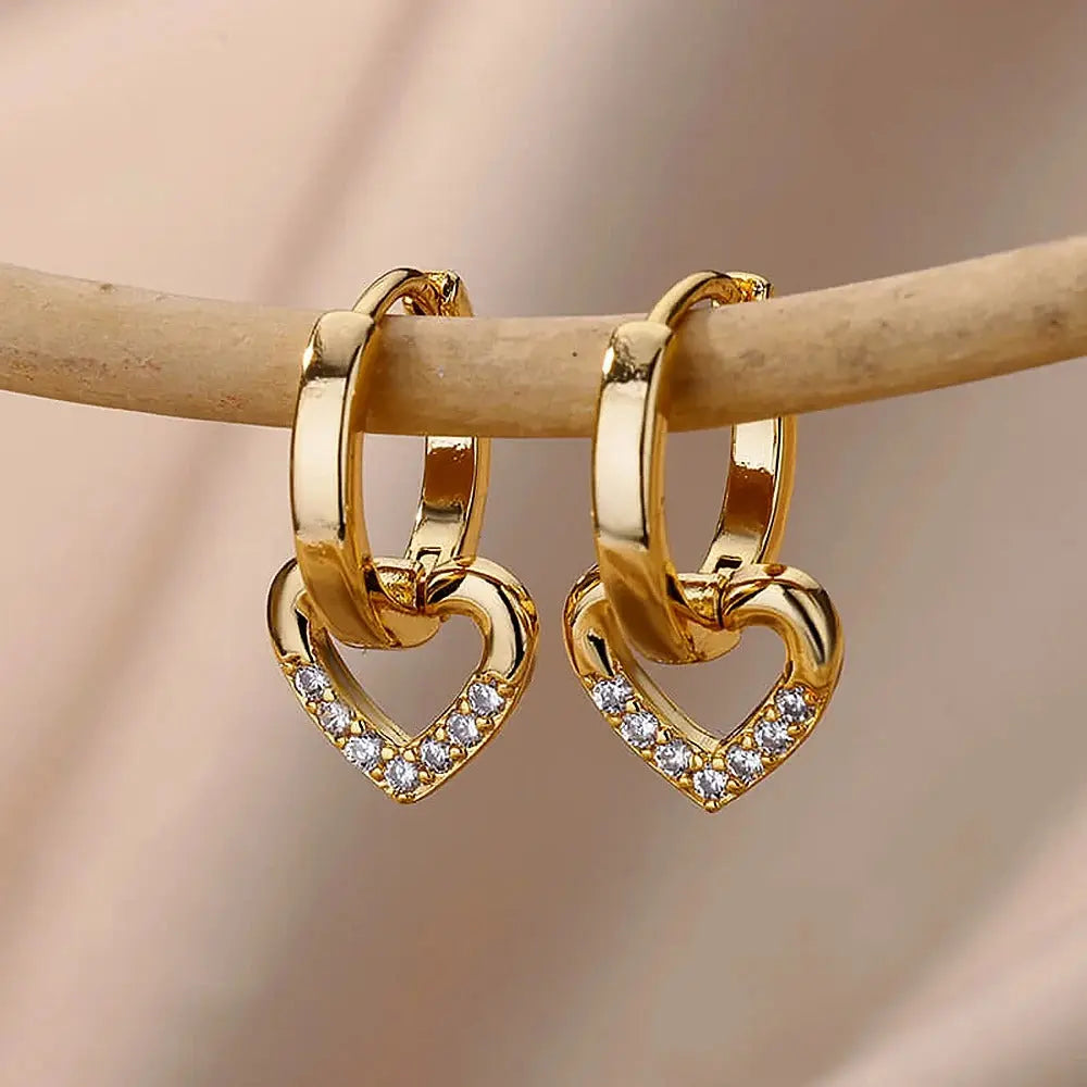 Gold Hollow Heart Zircon Earrings LumeaWomen