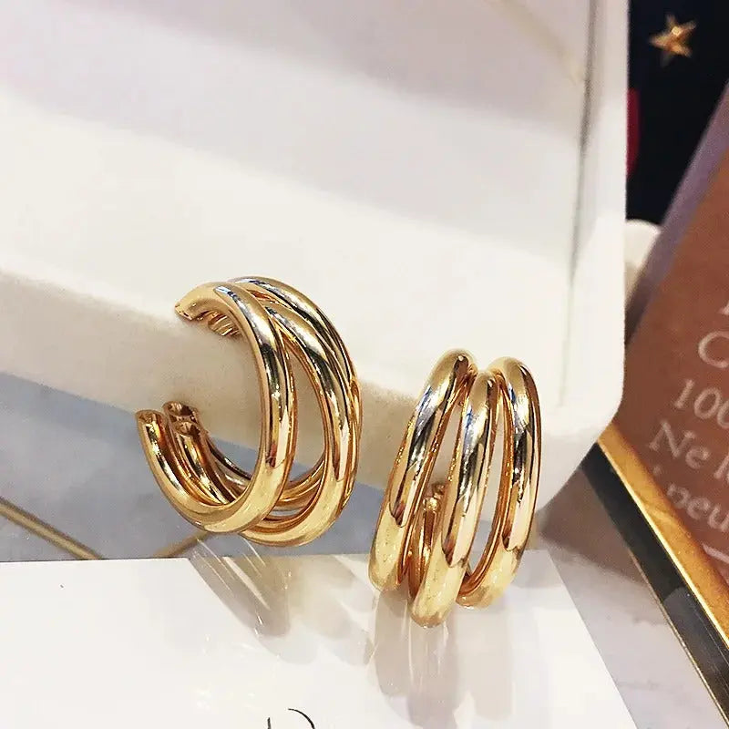 Triple-Layer Gold C-Shaped Dangle Earrings LumeaWomen