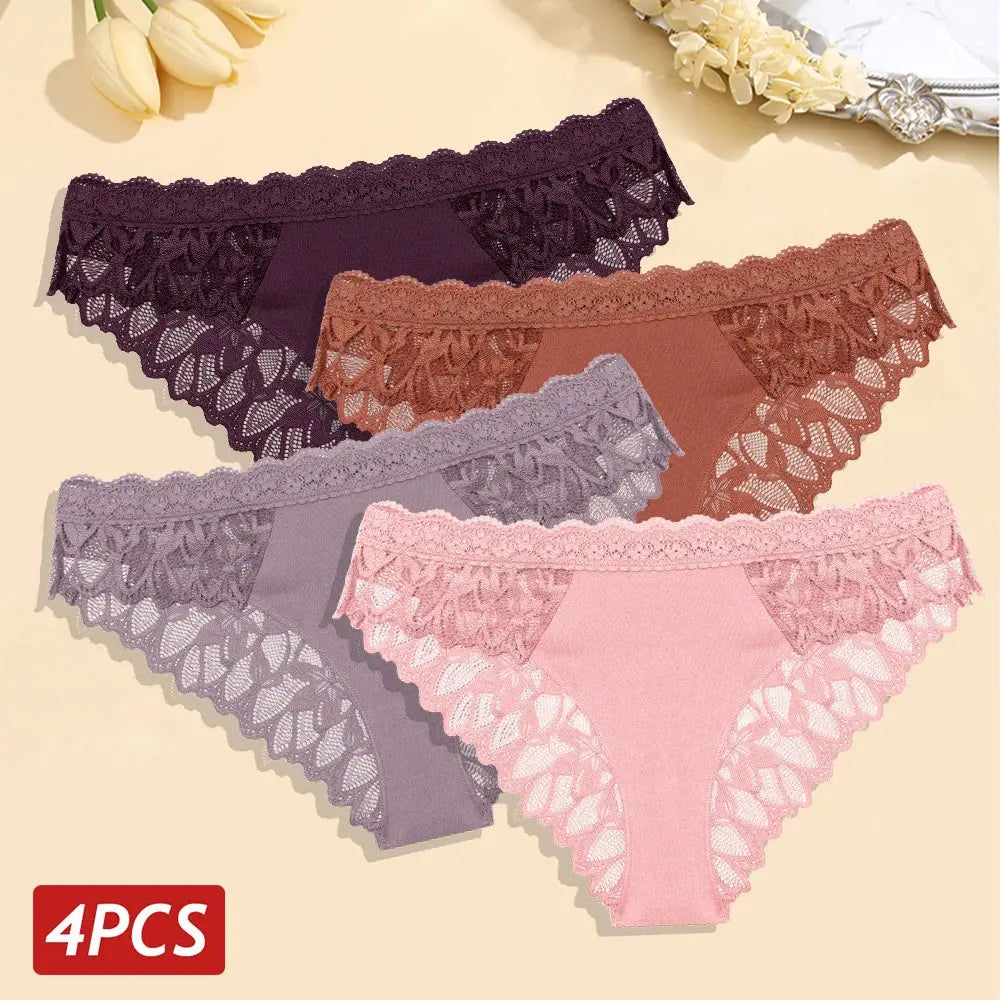 4PCS/Set Floral Lace Panties – Women's Breathable Low Rise Briefs, Soft Solid Color Underwear & Lingerie LumeaWomen