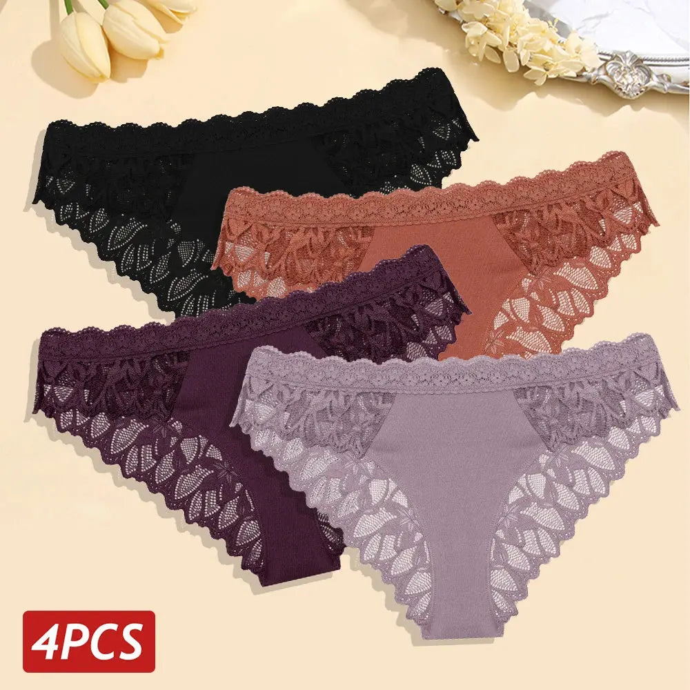 4PCS/Set Floral Lace Panties – Women's Breathable Low Rise Briefs, Soft Solid Color Underwear & Lingerie LumeaWomen