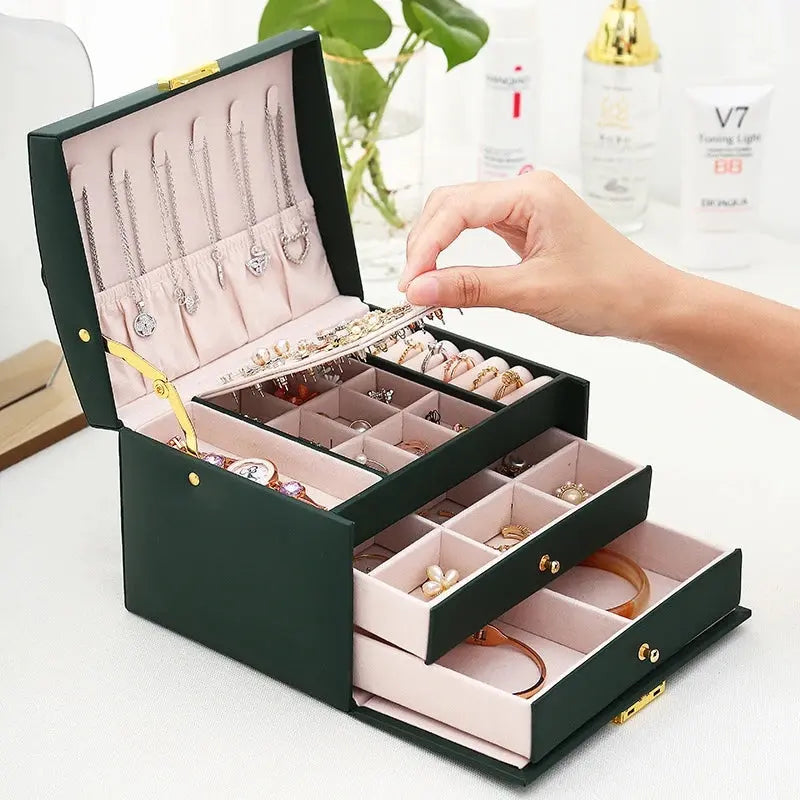 Multi-Functional Leather Jewelry Box - 3-Layer Drawer Style with Lock for Earrings, Rings & Necklaces LumeaWomen