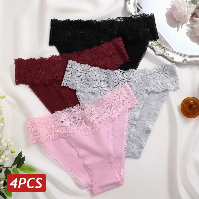 Lace Panties Women Cotton Briefs Female Comfortable Underwear 4PCS/Set Elstice Solid Color Panties Female Low Rise Lingerie LumeaWomen