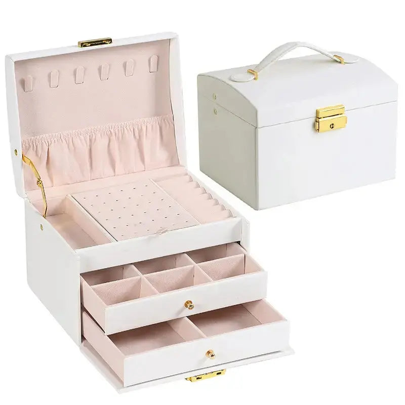 Multi-Functional Leather Jewelry Box - 3-Layer Drawer Style with Lock for Earrings, Rings & Necklaces LumeaWomen