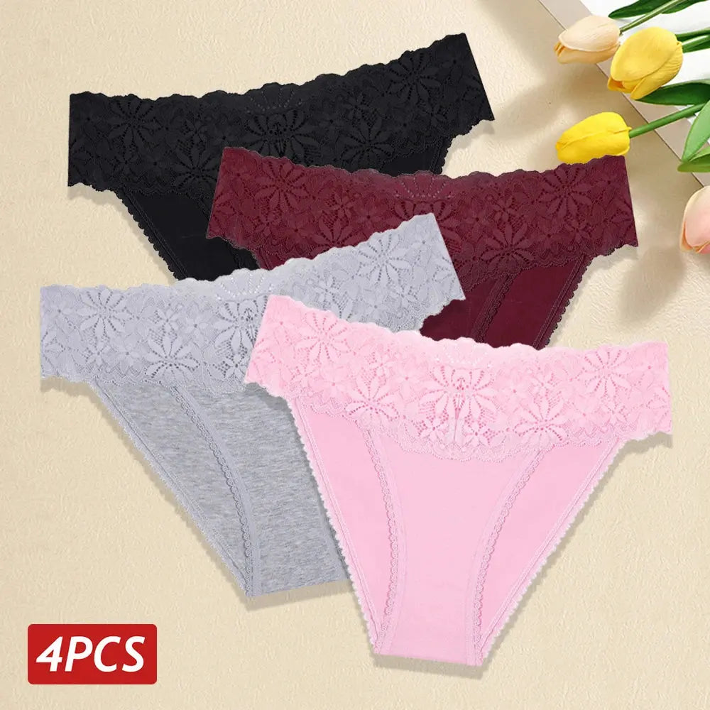Lace Panties Women Cotton Briefs Female Comfortable Underwear 4PCS/Set Elstice Solid Color Panties Female Low Rise Lingerie LumeaWomen