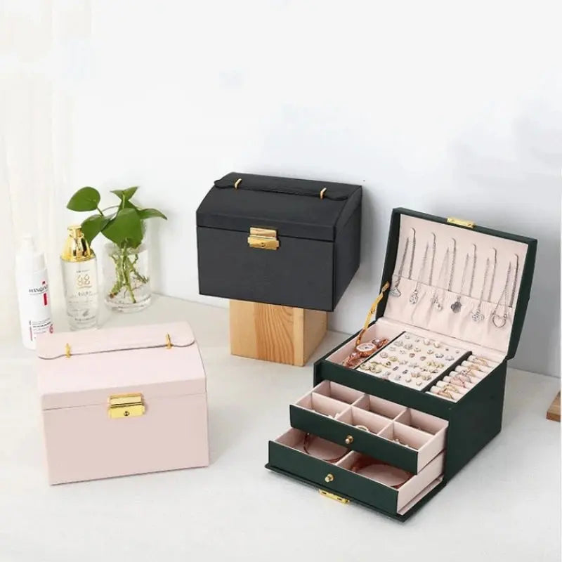 Multi-Functional Leather Jewelry Box - 3-Layer Drawer Style with Lock for Earrings, Rings & Necklaces LumeaWomen