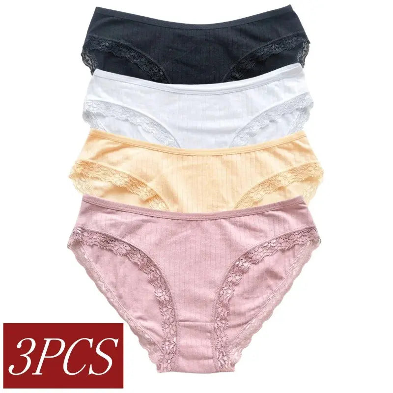 3Pcs/Set Cotton Lace Panties for Women – Soft Solid Color Briefs, M-XL, Underwear LumeaWomen