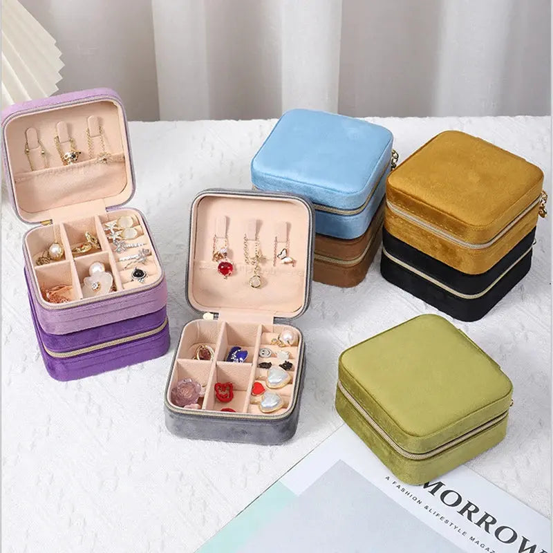 Velvet Jewelry Box for Women – Necklace, Ring, Earrings Organizer, Travel Portable Zipper Square Storage Case LumeaWomen