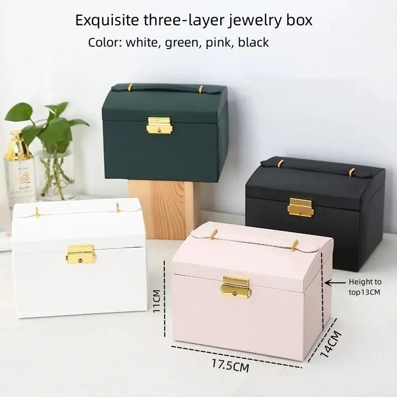 Multi-Functional Leather Jewelry Box - 3-Layer Drawer Style with Lock for Earrings, Rings & Necklaces LumeaWomen