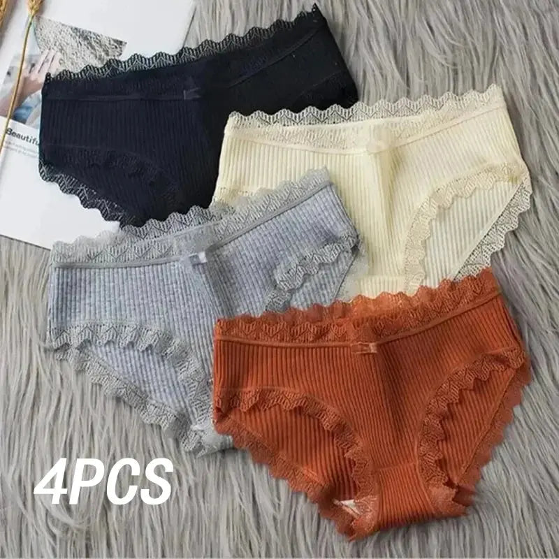 4 Pcs Lace Wavy Trim Bikini Panties – Comfy & Breathable Elastic, Women's Lingerie & Underwear Set LumeaWomen