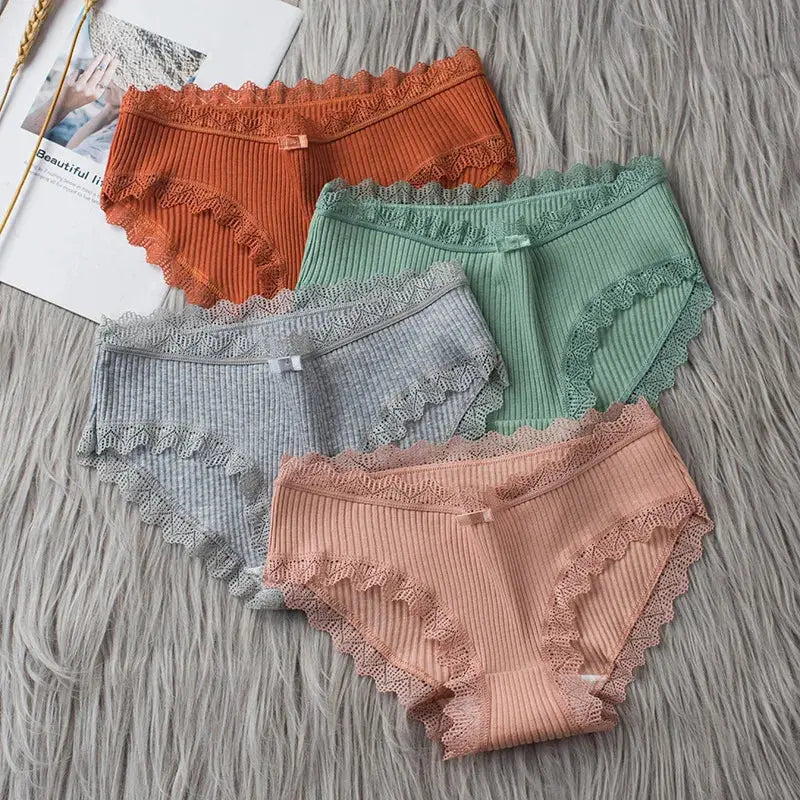 4 Pcs Lace Wavy Trim Bikini Panties – Comfy & Breathable Elastic, Women's Lingerie & Underwear Set LumeaWomen