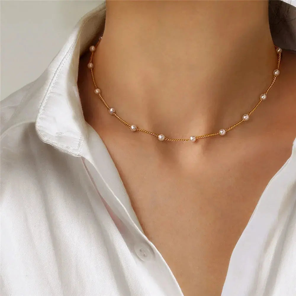 Kpop Pearl & Lace Beaded Choker Necklace LumeaWomen