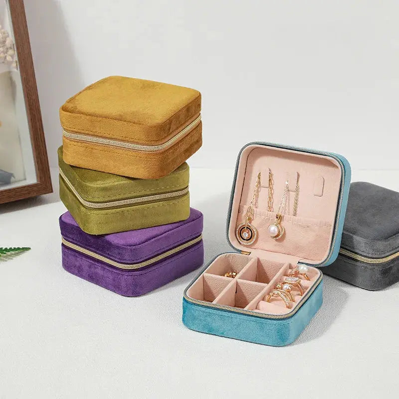 Velvet Jewelry Box for Women – Necklace, Ring, Earrings Organizer, Travel Portable Zipper Square Storage Case LumeaWomen