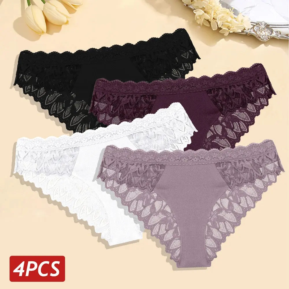 4PCS/Set Floral Lace Panties – Women's Breathable Low Rise Briefs, Soft Solid Color Underwear & Lingerie LumeaWomen