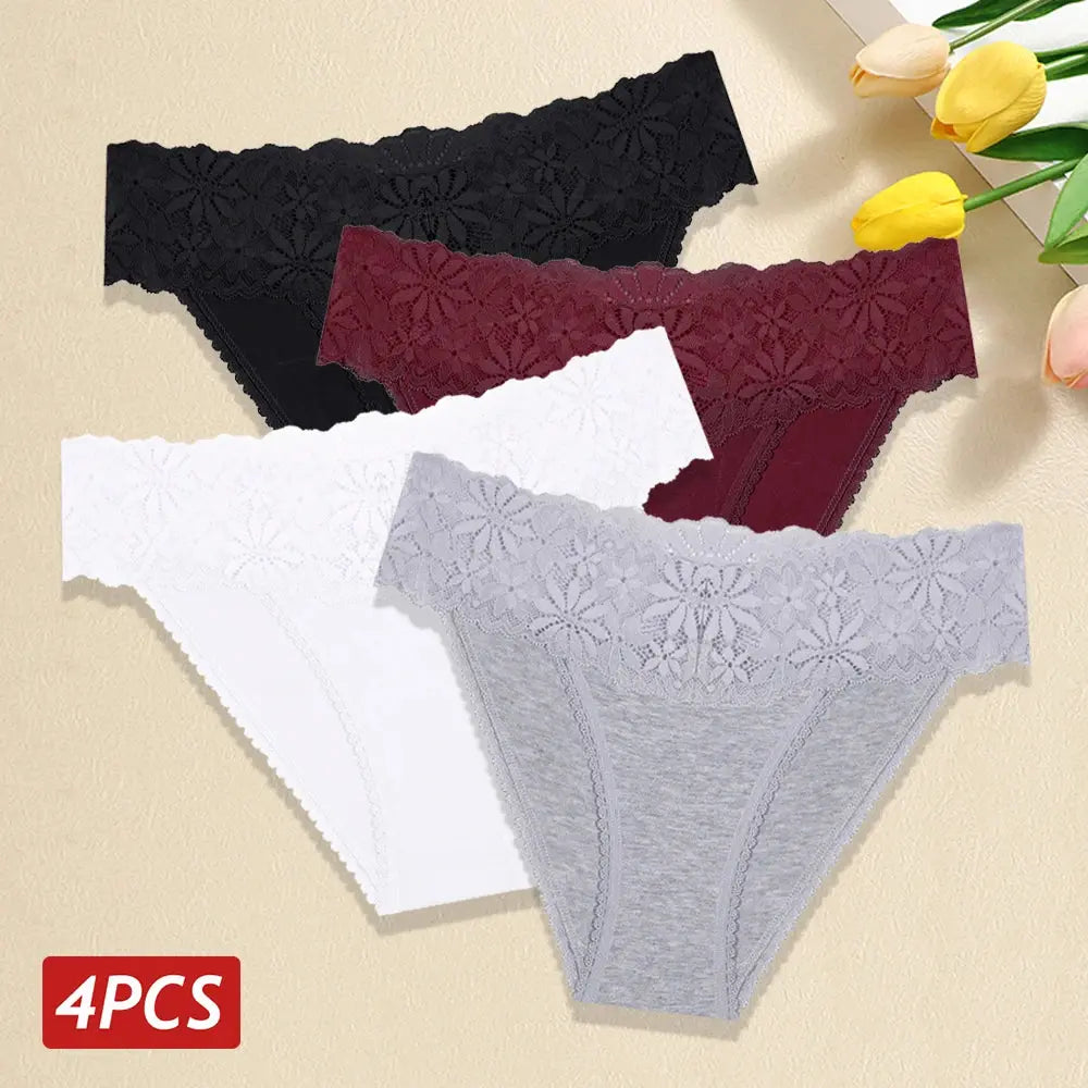 Lace Panties Women Cotton Briefs Female Comfortable Underwear 4PCS/Set Elstice Solid Color Panties Female Low Rise Lingerie LumeaWomen