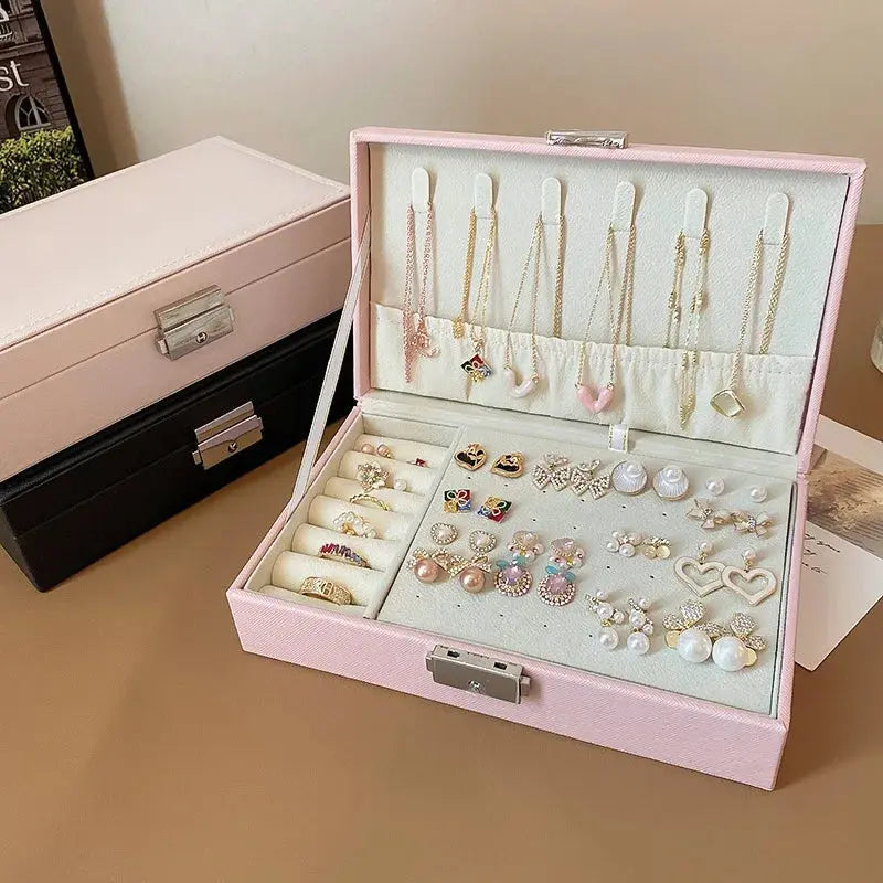 Large Square Leather Jewelry Box - Lockable Storage for Earrings, Necklaces, Bracelets & More, Travel-Friendly LumeaWomen