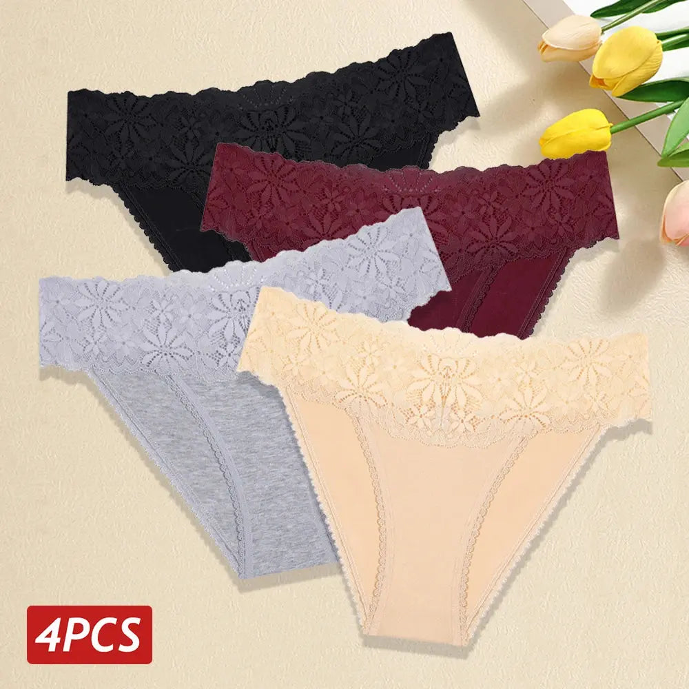 Lace Panties Women Cotton Briefs Female Comfortable Underwear 4PCS/Set Elstice Solid Color Panties Female Low Rise Lingerie LumeaWomen