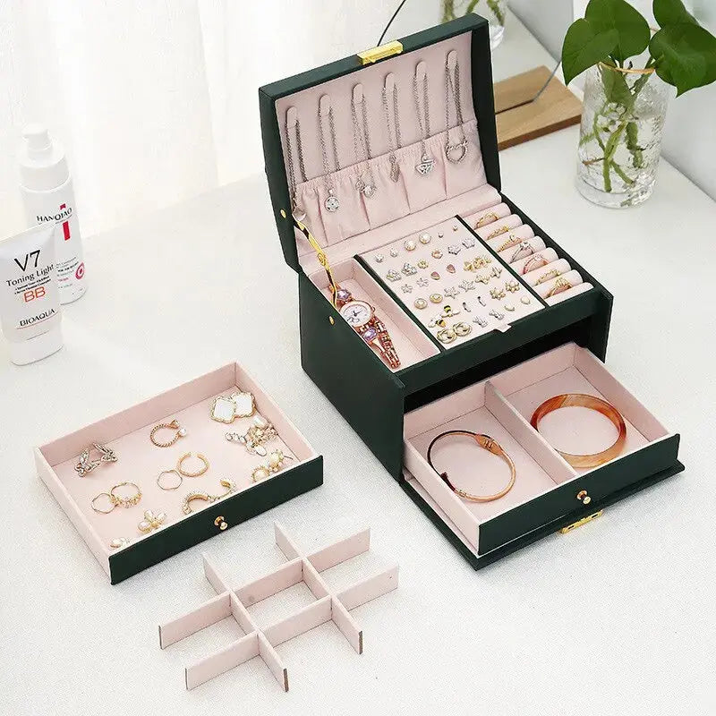 Multi-Functional Leather Jewelry Box - 3-Layer Drawer Style with Lock for Earrings, Rings & Necklaces LumeaWomen