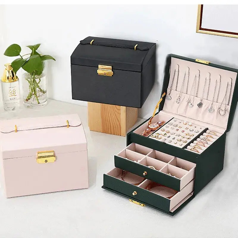 Multi-Functional Leather Jewelry Box - 3-Layer Drawer Style with Lock for Earrings, Rings & Necklaces LumeaWomen