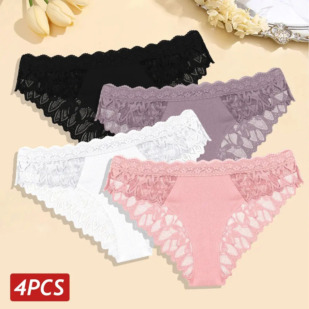 4PCS/Set Floral Lace Panties – Women's Breathable Low Rise Briefs, Soft Solid Color Underwear & Lingerie LumeaWomen