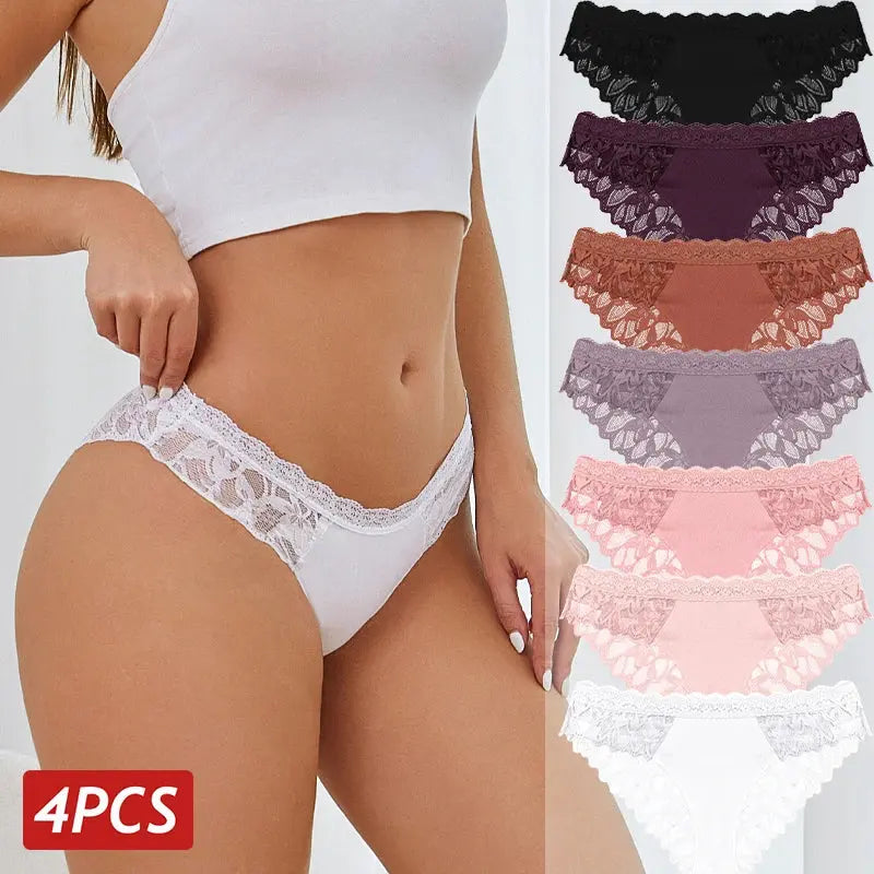 4PCS/Set Floral Lace Panties – Women's Breathable Low Rise Briefs, Soft Solid Color Underwear & Lingerie LumeaWomen