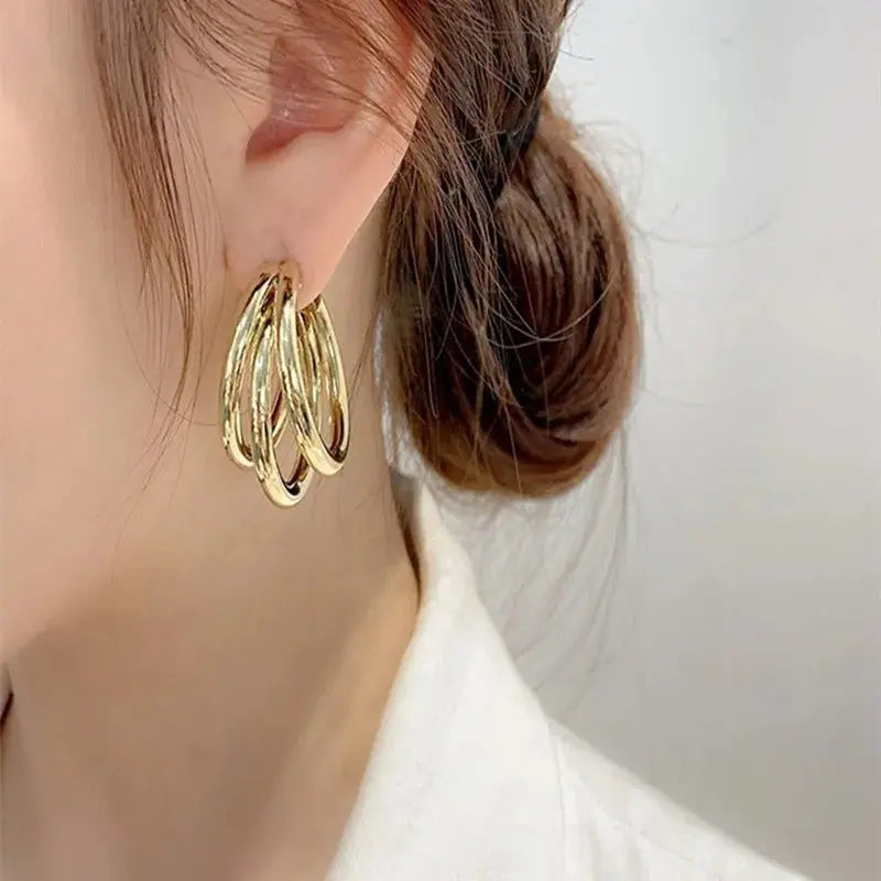 Triple-Layer Gold C-Shaped Dangle Earrings LumeaWomen