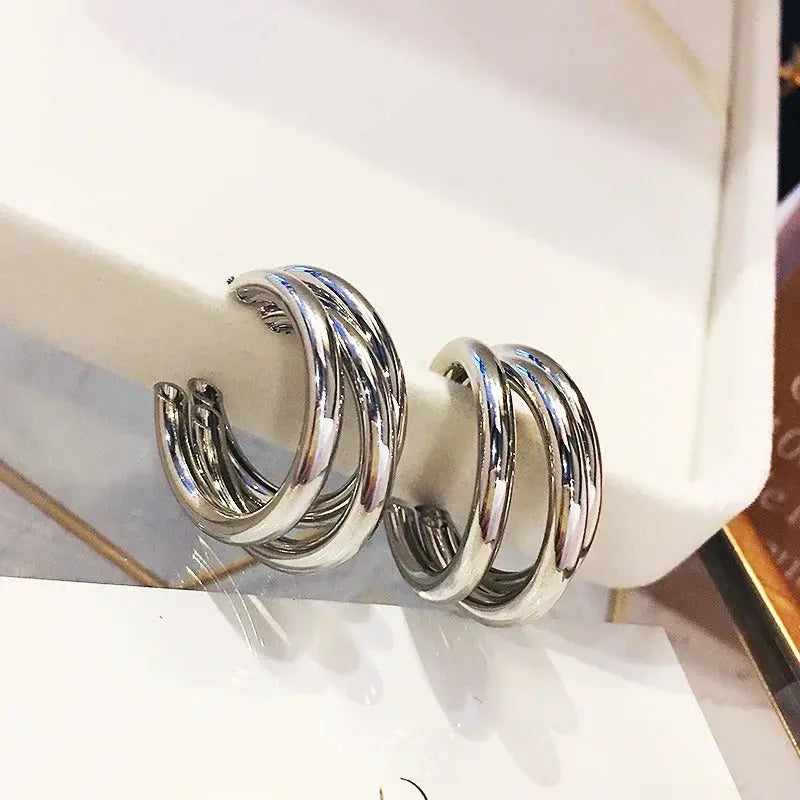 Triple-Layer Gold C-Shaped Dangle Earrings LumeaWomen