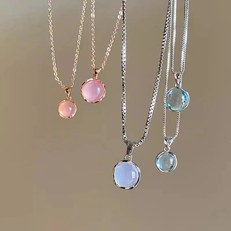 Korean Fashion Colorful Crystal Round Pendant Silver Chain Necklace