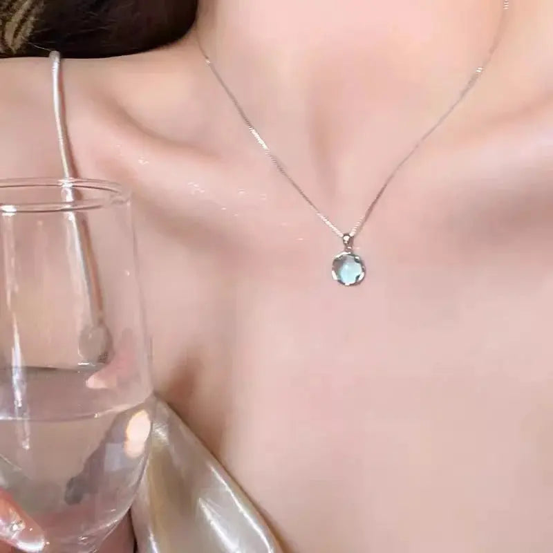 Korean Fashion Colorful Crystal Round Pendant Silver Chain Necklace