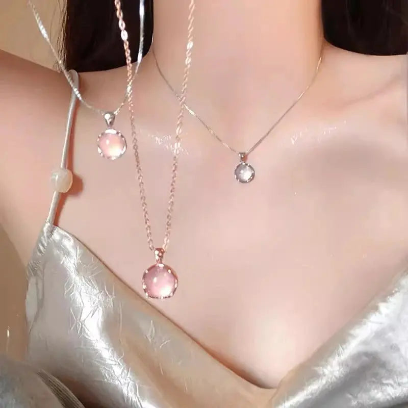 Korean Fashion Colorful Crystal Round Pendant Silver Chain Necklace